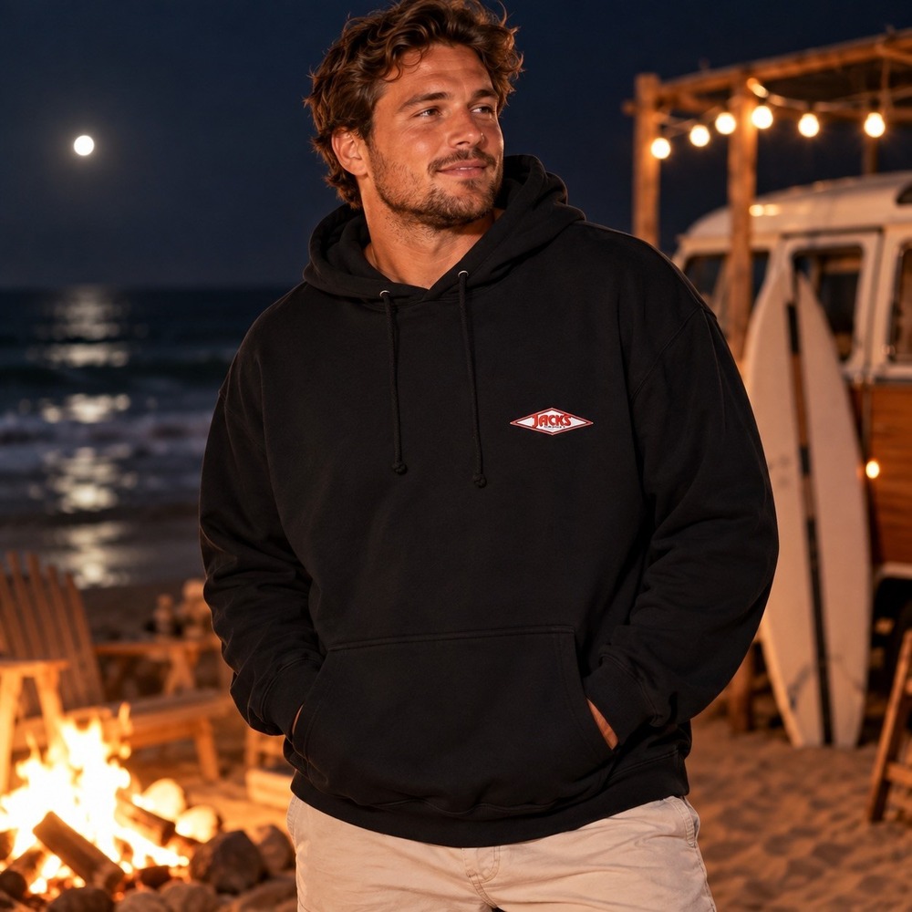 JACKS Surfboards Black Pullover Hoodie Mens 2XL Long Sleeve Surf Snowboard NWOT